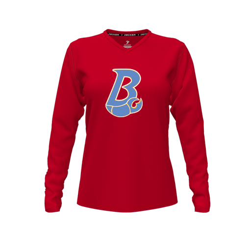 [CUS-DFW-TEES-PER-VNK-LSL-RED-FYXS-LOGO1] Performance T-Shirt (Female Youth XS, Red, V Neck, Logo 1, Long Sleeve)