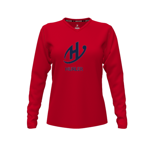 [FTLVPTRD-FYXS-LOGO2] Decker Performance T-Shirt (Female Youth XS, Red, V Neck, Logo 2, Long Sleeve)