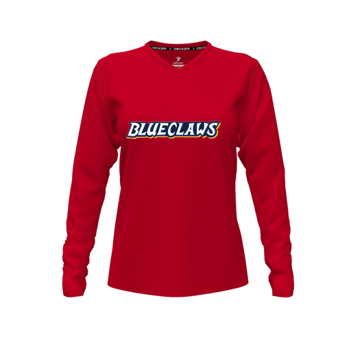 [FTLVPTRD-FYXS-LOGO3] Decker Performance T-Shirt (Female Youth XS, Red, V Neck, Logo 3, Long Sleeve)